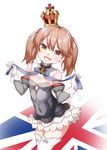  absurdres azur_lane bare_shoulders blush breasts brown_hair commentary_request cosplay covered_navel cowboy_shot crown detached_collar detached_sleeves fang flat_chest glove_bow gloves head_tilt highres kantai_collection kirigakure_(kirigakure_tantei_jimusho) looking_at_viewer mini_crown open_mouth queen_elizabeth_(azur_lane) queen_elizabeth_(azur_lane)_(cosplay) ryuujou_(kantai_collection) short_hair small_breasts smile solo standing thighhighs twintails union_jack white_gloves white_legwear yellow_eyes zettai_ryouiki 