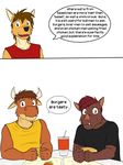  anthro beverage boar bovine burger canine cattle coyote dialogue eating english_text food fries furry_confusion fuze humor jorge_san_nicolas male mammal mond_reyes porcine simple_background sitting texnatsu text ty_(fuze) ty_conrad white_background 