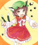  animal_ears brown_eyes brown_hair cat_ears cat_tail chen dress earrings fangs hat jewelry looking_at_viewer makuwauri mob_cap multiple_tails neck_ribbon open_mouth ribbon short_hair slit_pupils smile solo tail touhou two_tails v 