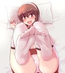  :d bed brown_eyes brown_hair collar detached_sleeves feet hairband highres kantai_collection kihou_no_gotoku_dmc looking_at_viewer lying natori_(kantai_collection) navel no_shoes on_bed open_mouth panties pillow pink_panties pleated_skirt school_uniform serafuku short_hair skirt smile soles solo thighhighs underwear white_hairband white_legwear 