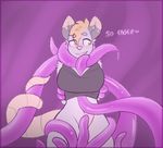  2018 anthro big_breasts blonde_hair blush bottomless bound breasts clothed clothing consentacles convenient_censorship crop_top english_text female fur green_eyes grey_fur hair mammal marsupial navel niccy opossum opossumscribbles partially_clothed sex shirt simple_background smile standing tentacles text titfuck titfuck_under_clothes 