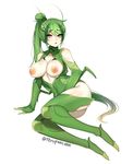  antenna_hair aqua_eyes ass bare_shoulders breasts breasts_outside carapace commentary eyebrows_visible_through_hair full_body green_hair insect_girl large_breasts long_hair looking_at_viewer monster_girl nipples open_mouth original ponytail simple_background sitting solo terupancake twitter_username very_long_hair white_background yokozuwari 