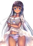 black_hair blue_eyes blush breasts commentary_request dark_skin dress gorua_(youce01) hairband large_breasts long_hair looking_at_viewer md5_mismatch milk open_mouth original panties pantyshot revision simple_background solo striped striped_panties underwear white_background white_dress yuurika_(gorua) 