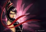  1girl backless_outfit bayonetta bayonetta_(character) black_bodysuit black_hair bodysuit breasts chains glasses hair_ribbon lips long_hair looking_at_viewer looking_back medium_breasts necrothesin red_hair_ribbon red_lipstick red_ribbon signature solo strap witch 