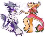  2018 4_fingers 4_toes action_pose alpha_channel ankle_tuft anthro anthrofied blue_eyes bubble butt_fluff cel_shading cheek_tuft claws countershading dancing digital_drawing_(artwork) digital_media_(artwork) dipstick_tail dotted_background duo featureless_crotch female full-length_portrait fur green_fur green_hair grey_fur gullacass hair hand_holding happy hi_res jenn_(turkinwif) keel kel looking_at_another male mammal mane markings multicolored_fur multicolored_tail neck_tuft nude pattern_background pawpads paws pink_fur pink_hair portrait pose red_eyes sergal side_view simple_background slit_pupils snout tail_tuft tan_fur thick_tail toe_claws toes toony transparent_background tuft two_tone_fur vilous_universe white_fur yellow_markings 