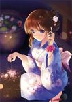  absurdres ainili blue_kimono blush bracelet brown_hair floral_print flower hair_between_eyes hair_flower hair_ornament hand_in_hair highres holding japanese_clothes jewelry kimono night original outdoors purple_eyes red_scrunchie scrunchie sidelocks smile solo squatting tied_hair white_flower wrist_scrunchie yukata 