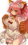  :&lt; animal_ears apron bell bell_collar blush bow breasts cat_hair_ornament cat_paws cleavage closed_mouth collar covered_nipples fate/grand_order fate_(series) fox_ears fox_tail gloves hair_bow hair_ornament hair_ribbon jingle_bell large_breasts long_hair looking_at_viewer maid_headdress naked_apron paw_gloves paws pink_hair ribbon simple_background solo tail tamamo_(fate)_(all) tamamo_cat_(fate) white_background yellow_eyes yukinojou_yakan 