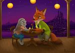  anthro arm_support candle canine chair clothed clothing disney duo eye_contact female fox green_eyes hand_holding hareluca hi_res judy_hopps lagomorph leaning_on_elbow male mammal nick_wilde night plant purple_eyes rabbit rose_(flower) skyline table zootopia 