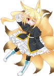  ;d animal_ears bangs black_capelet black_jacket black_legwear blonde_hair blush boots capelet cross-laced_footwear dress eyebrows_visible_through_hair fox_ears fox_girl fox_tail full_body hair_between_eyes highres jacket knee_boots kurotsutsuki kyuubi lace-up_boots long_hair long_sleeves multiple_tails one_eye_closed open_mouth original over-kneehighs red_eyes side_ponytail sidelocks simple_background smile solo tail thighhighs very_long_hair white_background white_dress white_footwear 