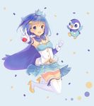  :d adapted_costume ahoge blue_background blue_cape blue_eyes blue_hair blue_skirt breasts cape collarbone crossover crown elbow_gloves eyebrows_visible_through_hair frilled_shirt frills gen_4_pokemon gloves hair_ornament high_heels hitsukuya holding holding_poke_ball jumping legs looking_at_viewer mahou_shoujo_madoka_magica midriff miki_sayaka mini_crown open_mouth piplup pleated_skirt poke_ball poke_ball_(generic) pokemon pokemon_(creature) shirt short_hair simple_background skirt small_breasts smile soul_gem thighhighs thighs v vest white_gloves white_legwear yellow_footwear 