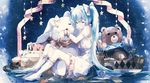  absurdres blue_background blue_hair bow cake candy closed_eyes cup food from_side gocoli hair_bow hatsune_miku highres kneehighs lollipop long_hair object_hug sitting solo strap_slip stuffed_animal stuffed_bunny stuffed_toy sweets teacup teddy_bear twintails very_long_hair vocaloid wrist_cuffs 