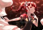  androgynous artist_name character_name finger_to_mouth gem_uniform_(houseki_no_kuni) hair_ornament houseki_no_kuni long_hair looking_at_viewer necktie popseacle red_beryl_(houseki_no_kuni) red_eyes red_hair scissors smile solo star star_hair_ornament twintails 