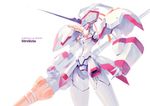  banchengping@126 breasts character_name closed_mouth commentary_request copyright_name cowboy_shot darling_in_the_franxx highres holding holding_weapon horn humanoid_robot lance legs_apart mecha medium_breasts no_nose polearm robot simple_background solo standing strelizia weapon white_background 