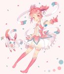  :d adapted_costume blush boots crossover dress frilled_dress frills gen_6_pokemon gloves hair_ribbon hitsukuya kaname_madoka knee_boots looking_at_viewer mahou_shoujo_madoka_magica open_mouth pink_dress pink_eyes pink_footwear pink_gloves pink_hair pink_ribbon pokemon pokemon_(creature) ribbon short_hair simple_background smile sylveon twintails 