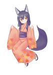  animal_ears bangs blush brown_eyes closed_mouth commentary_request eyebrows_visible_through_hair floral_print fox_ears fox_girl fox_tail full_body hair_between_eyes head_tilt japanese_clothes kimono kurotsutsuki long_hair long_sleeves looking_at_viewer obi original pinching_sleeves pink_kimono print_kimono purple_footwear purple_hair sash smile socks solo tabi tail transparent_background white_legwear wide_sleeves zouri 