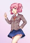  absurdres arms_behind_back bad_id bad_pixiv_id blue_skirt blush cellphone dargo doki_doki_literature_club from_below hair_intakes hair_ornament hand_on_hip highres holding holding_phone looking_at_viewer natsuki_(doki_doki_literature_club) neck_ribbon open_mouth phone pink_hair pleated_skirt purple_eyes ribbon school_uniform short_hair side_ponytail skirt smartphone solo standing twitter_username x_hair_ornament 