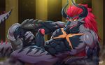  2017 abs anthro balls barazoku batzz_(buddyfight) biceps big_balls big_eyebrows big_penis biped black_scales bna_v5 digital_media_(artwork) dragon erection facial_scar future_card_buddyfight grey_scales grey_tail hair horn humanoid_hands humanoid_penis long_hair long_tail looking_at_viewer male markings multicolored_scales muscular muscular_male nude open_mouth open_smile pecs penis red_hair scales scalie scar sharp_teeth smile solo teeth tongue 