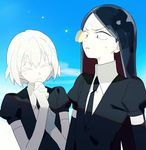  ahn androgynous black_eyes black_hair blue_sky bort bug butterfly butterfly_on_nose closed_eyes diamond_(houseki_no_kuni) elbow_gloves gem_uniform_(houseki_no_kuni) gloves houseki_no_kuni insect laughing long_hair multiple_others necktie short_hair sky smile sweatdrop white_hair 