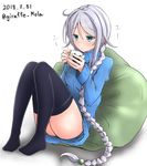  alternate_costume black_legwear blue_eyes blue_sweater braid breasts coffee cup dated giraffe_(ilconte) highres kantai_collection long_hair long_sleeves mole mole_under_eye mug no_panties pillow silver_hair single_braid sitting small_breasts solo sweater thighhighs twitter_username umikaze_(kantai_collection) very_long_hair 