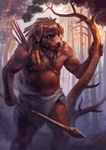 2017 5_fingers anthro brown_eyes canine clothed clothing day detailed_background dog holding_object holding_weapon male mammal melee_weapon outside polearm skitalets solo spear standing topless weapon 