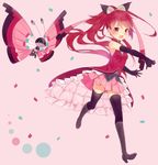  :d bare_shoulders black_footwear black_gloves blush boots bow crossover dress elbow_gloves frilled_dress frills gen_6_pokemon gloves hair_bow hitsukuya long_hair mahou_shoujo_madoka_magica open_mouth pink_background pink_wings pokemon pokemon_(creature) ponytail red_dress red_eyes red_hair sakura_kyouko sleeveless sleeveless_dress smile thigh_boots thighhighs very_long_hair vivillon wings 