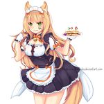  :3 animal_ears apron bell blonde_hair blush bow bowtie breasts cake cat_ears cat_tail cleavage_cutout commentary cowboy_shot curly_hair eyebrows_visible_through_hair eyes_visible_through_hair fang fang_out food frilled_apron frills fruit green_eyes heart highres jingle_bell long_hair looking_at_viewer magikarunukorenka maid maid_headdress maple_(sayori) medium_breasts name_tag nekopara orange_bow plate puffy_short_sleeves puffy_sleeves ribbon-trimmed_clothes ribbon_trim short_sleeves simple_background solo strawberry tail v-shaped_eyebrows waist_apron watermark web_address white_background wrist_cuffs 