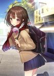  :d absurdres ahoge backpack bag blue_legwear blue_skirt blue_sky brown_coat brown_hair coat day eyebrows_visible_through_hair headphones headphones_around_neck highres leg_up looking_at_viewer miniskirt open_mouth original pleated_skirt purple_eyes red_scarf road scarf skirt sky smile solo standing standing_on_one_leg street tsukigami_runa 