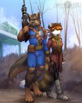  2018 4_toes 5_fingers abluedeer anthro barefoot canine day detailed_background digitigrade dog duo fallout female fox german_shepherd green_eyes holding_object holding_weapon male mammal outside standing toes video_games weapon 