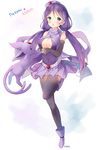  blush boots breasts character_name commentary covered_navel crossover detached_sleeves espeon eyebrows_visible_through_hair gen_2_pokemon green_eyes hat hitsukuya holding large_breasts long_hair looking_at_viewer love_live! love_live!_school_idol_project low_twintails pokemon purple_footwear purple_hair purple_legwear purple_skirt signature skirt smile standing standing_on_one_leg thighhighs toujou_nozomi twintails 
