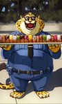  anthro benjamin_clawhauser cheetah clothing disney doughnut eyewear feline food happy inubiko low_res male mammal open_mouth overweight overweight_male police_uniform solo sunglasses uniform zootopia 