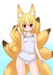  animal_ears bangs bare_arms bare_shoulders blue_background blush breasts cameltoe camisole closed_mouth collarbone eyebrows_visible_through_hair fox_ears fox_girl fox_tail gradient gradient_background hair_between_eyes highres kurotsutsuki kyuubi long_hair looking_at_viewer multiple_tails original red_eyes side_ponytail sidelocks small_breasts smile solo tail very_long_hair white_background white_camisole 
