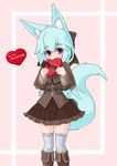  animal_ears bangs blue_hair blush boots bow box brown_bow brown_footwear brown_jacket brown_skirt commentary_request covering_mouth eyebrows_visible_through_hair fox_ears fox_girl fox_tail gift hair_between_eyes hair_bow happy_valentine heart heart-shaped_box holding holding_gift jacket knee_boots kurotsutsuki long_hair long_sleeves original purple_eyes skirt solo tail thighhighs valentine very_long_hair white_legwear 