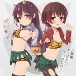  animal_print back-to-back belly_peek bikini bikini_under_clothes black_legwear blush breasts brown_hair cowboy_shot green_skirt hairband hood hoodie kantai_collection kisaragi_(kantai_collection) long_hair looking_at_viewer medium_breasts multiple_girls mutsuki_(kantai_collection) navel one_eye_closed ootori_(kyoya-ohtori) open_mouth pantyhose pleated_skirt purple_eyes purple_hair purple_sweater red_eyes ribbed_sweater skirt standing sweater swimsuit thighhighs tiger_print torn_clothes torn_legwear translation_request turtleneck turtleneck_sweater zettai_ryouiki 