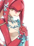  1girl bracelet breasts cleavage fins fish_girl hair_ornament hands_together highres jewelry long_hair looking_at_viewer medium_breasts mipha monster_girl multicolored multicolored_skin necklace nintendo red_hair red_skin sanqian_hui simple_background solo the_legend_of_zelda the_legend_of_zelda:_breath_of_the_wild upper_body white_background yellow_eyes zora 