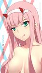  :q absurdres artist_name bangs breasts closed_mouth collarbone copyright_name darling_in_the_franxx dated eyebrows_visible_through_hair eyeshadow green_eyes hair_censor hair_over_breasts hairband head_tilt highres long_hair looking_at_viewer makeup medium_breasts naughty_face nude pink_hair shiny shiny_hair shiny_skin solo tongue tongue_out upper_body very_long_hair violetsang white_hairband zero_two_(darling_in_the_franxx) 