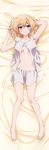  absurdres arm_behind_back barefoot bed_sheet blonde_hair blue_eyes blush breasts cleavage collarbone dakimakura eyebrows_visible_through_hair from_above full_body grey_shirt grey_skirt hair_between_eyes highres huge_filesize long_hair looking_at_viewer lying medium_breasts midriff miniskirt navel on_back open_clothes open_shirt rokudenashi_majutsu_koushi_to_akashic_record rumia_tingel shiny shiny_skin shirt skirt sleeveless smile solo stomach 