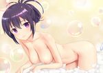  absurdres banned_artist bathing bathtub bent_over breasts closed_mouth cowboy_shot enty_reward gochuumon_wa_usagi_desu_ka? hair_up highres looking_at_viewer medium_breasts n.g. navel nipples nude paid_reward purple_eyes purple_hair smile soap_bubbles solo tedeza_rize tied_hair wet 