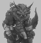  2018 abs anthro balls biceps canine claws fangs flaccid galrock genital_piercing greyscale humanoid_penis league_of_legends looking_at_viewer male mammal monochrome muscular nipples nude pecs penis piercing riot_games simple_background solo standing vein veiny_penis video_games warwick 
