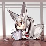  animal_ears bangs barefoot blush bowl bucket chibi closed_mouth cup drinking_glass eyebrows_visible_through_hair fox_ears fox_girl fox_tail hair_between_eyes holding holding_bucket japanese_clothes kimono long_hair long_sleeves original rain red_eyes reflection silver_hair solo standing tail twintails very_long_hair water white_kimono wide_sleeves wooden_floor yuuji_(yukimimi) 