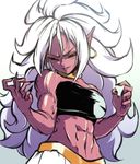  abs android_21 bare_arms black_nails black_sclera breasts commentary_request dragon_ball dragon_ball_z half-closed_eyes harem_pants looking_at_viewer majin_android_21 midriff muscle nail_polish navel pants pink_skin pointy_ears red_eyes smile smirk solo stomach strapless toned tubetop veins white_hair 