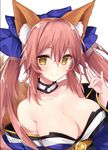  animal_ears breasts closed_mouth commentary_request detached_sleeves fate/extra fate/extra_ccc fate_(series) fox_ears fox_shadow_puppet fox_tail hair_ribbon highres japanese_clothes large_breasts long_hair miko_92 pink_hair ribbon smile solo tail tamamo_(fate)_(all) tamamo_no_mae_(fate) upper_body yellow_eyes 