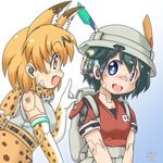  backpack bag bare_shoulders bow bowtie computer_chip fang gaketsu gloves hat helmet japari_symbol kaban_(kemono_friends) kemono_friends mechanization multiple_girls open_mouth parts_exposed pith_helmet serval_(kemono_friends) shirt smile t-shirt 