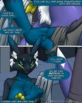  anthro blue_eyes blue_fur breasts clothed clothing comic dialogue digimon doumon duo english_text female female/female fur furball grey_fur pants_down partially_clothed pubes purple_fur pussy renamon taomon text undressing 