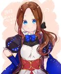  bangs black_bow blue_coat blue_eyes blue_gloves blush bow brown_hair closed_mouth dress elbow_gloves fate/grand_order fate_(series) forehead gloves hair_bow hands_on_hips highres leonardo_da_vinci_(fate/grand_order) long_hair looking_at_viewer parted_bangs puffy_short_sleeves puffy_sleeves short_sleeves side_ponytail smile sofra solo translation_request white_dress 