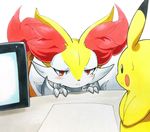  025aki absurd_res ambiguous_gender anthro black_eyes blush braixen female half-closed_eyes hi_res looking_at_viewer nintendo nude paper pikachu pok&eacute;mon pok&eacute;mon_(species) red_eyes simple_background stick sweat tablet tears traditional_media_(artwork) video_games white_background 