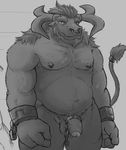  2018 alistar anthro balls beard biceps bovine cattle chain cock_ring facial_hair flaccid galrock genital_piercing greyscale horn humanoid_penis league_of_legends looking_at_viewer male mammal monochrome muscular nipples nude pecs penis piercing riot_games shackles simple_background solo standing uncut vein veiny_penis video_games 