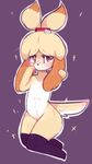  animal_crossing anthro bell blonde_hair blush canine clothing cyzarinefredek dog female fur hair isabelle_(animal_crossing) legwear looking_at_viewer mammal mostly_nude nintendo orange_eyes shy simple_background solo stockings tan_fur video_games 