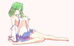  arm_support bangs bare_shoulders blue_skirt blush breasts commentary detached_sleeves frog_hair_ornament full_body green_eyes green_hair hair_ornament highres kochiya_sanae large_breasts looking_at_viewer medium_hair non_(z-art) nontraditional_miko parted_bangs shirt sideboob simple_background sitting skirt skirt_up sleeveless snake_hair_ornament solo touhou white_shirt 