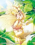  antennae bare_shoulders black_eyes blonde_hair boots bow breasts bug cardfight!!_vanguard cleavage company_name day fur_trim insect leaf lethargy_mutant_silk_sleeper long_hair medium_breasts moth moth_girl moth_wings official_art okeya_(ol23) sky solo sparkle wings 