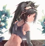  animal_ears black_sports_bra bridle brown_hair brown_thoroughbred_(kemono_friends) horse_ears horse_girl kemono_friends long_hair looking_back red_eyes solo sports_bra sportswear sweat tail yu_chien_(yuchien4221) 